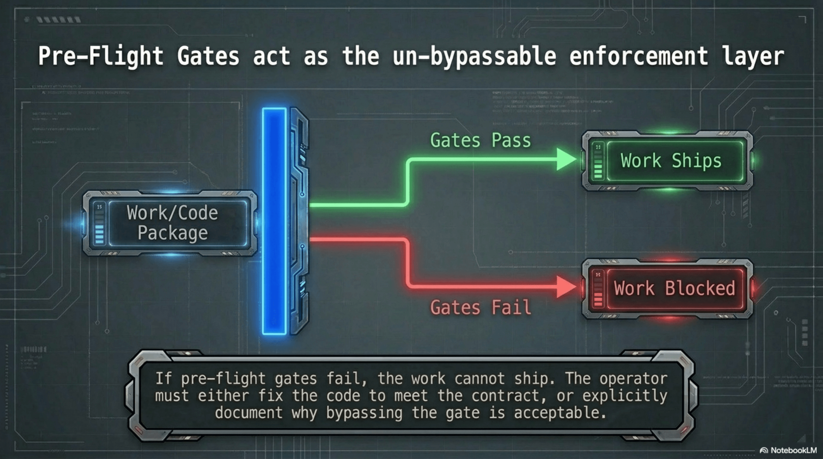 Pre-flight gates act as the un-bypassable enforcement layer