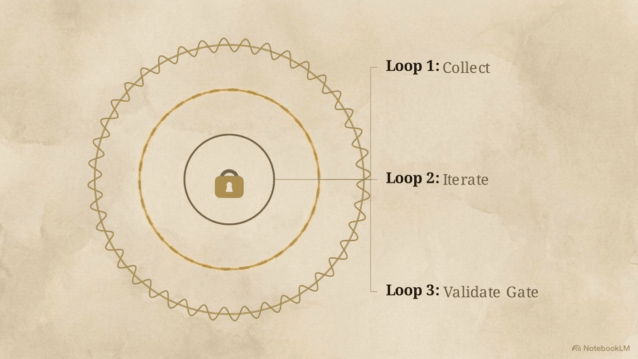 Three concentric loops — Collect, Iterate, Validate Gate