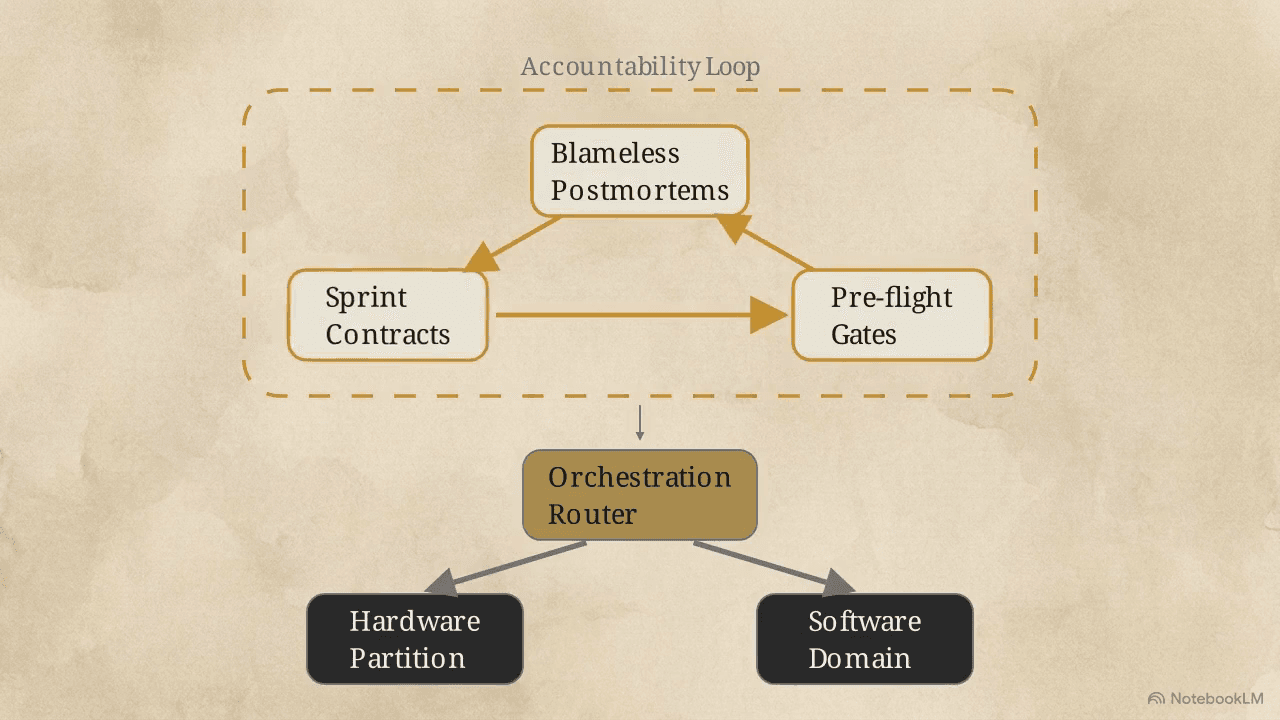 Accountability loop — orchestration router, hardware and software partition