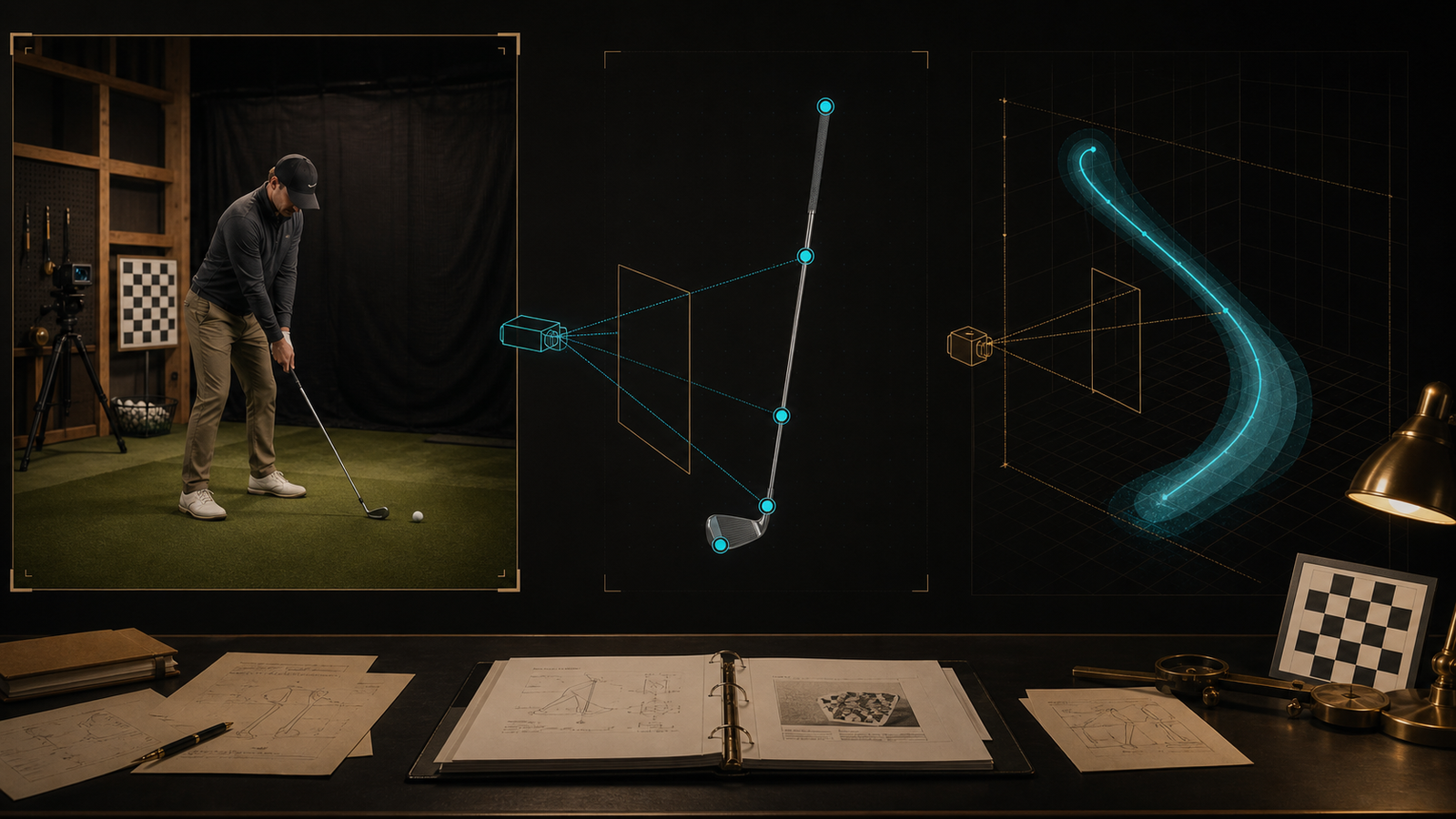 A golfer captured as five club landmarks transition from image pixels into an evidence-bounded motion model